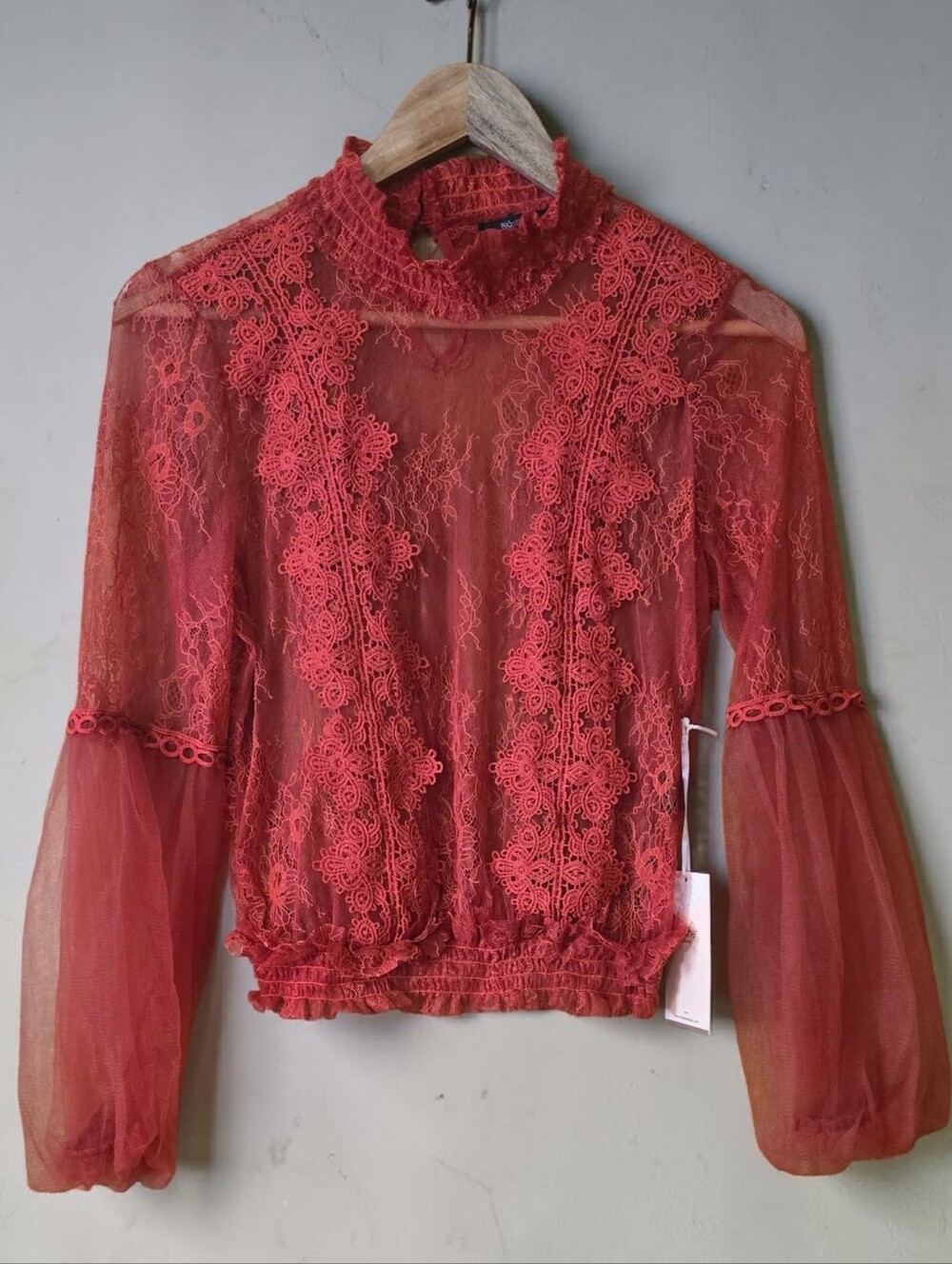 Blashe Top Sheer Lace Red Puff Mesh Sleeve Peplum Medium Victorian Collar
